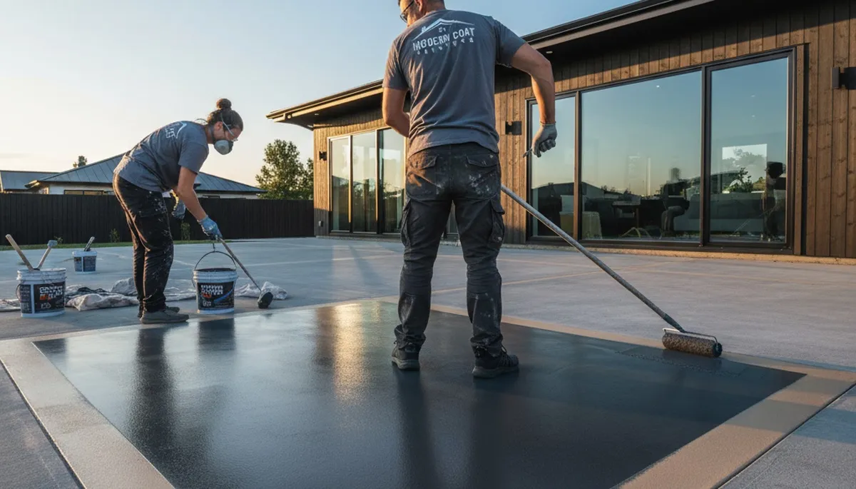 Professional concrete staining on residential patio in Kansas City, KS for durable house painting finish
