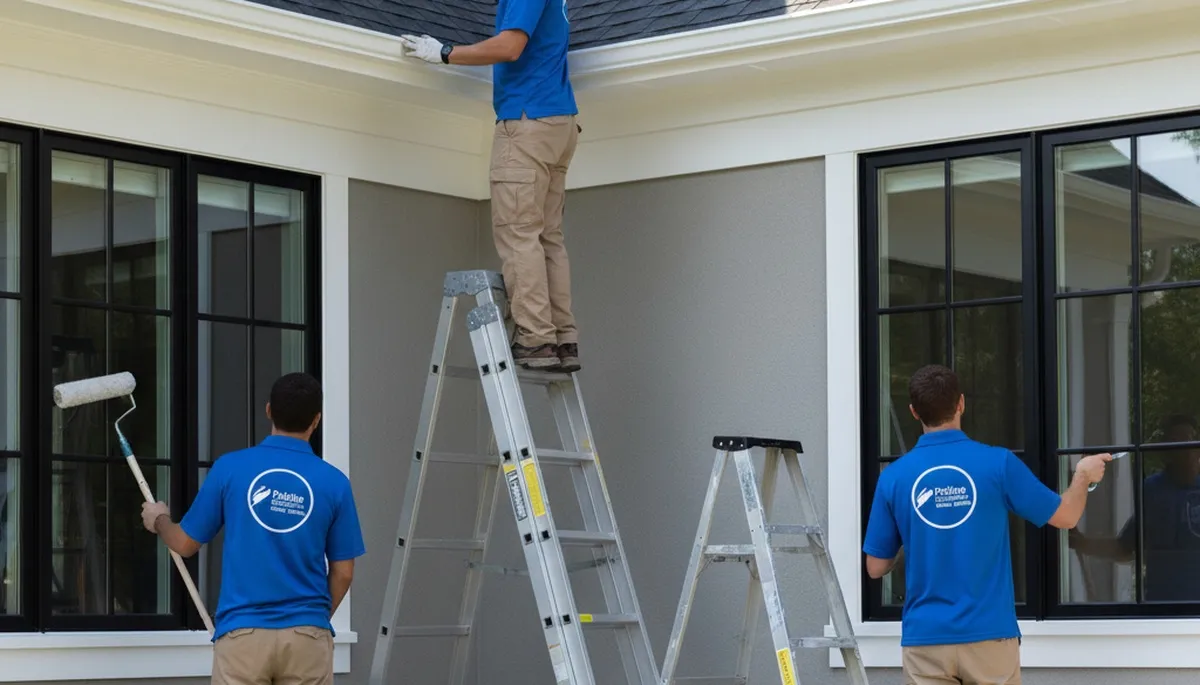 Professional trim and fascia painting on Kansas City KS home exterior by expert house painters