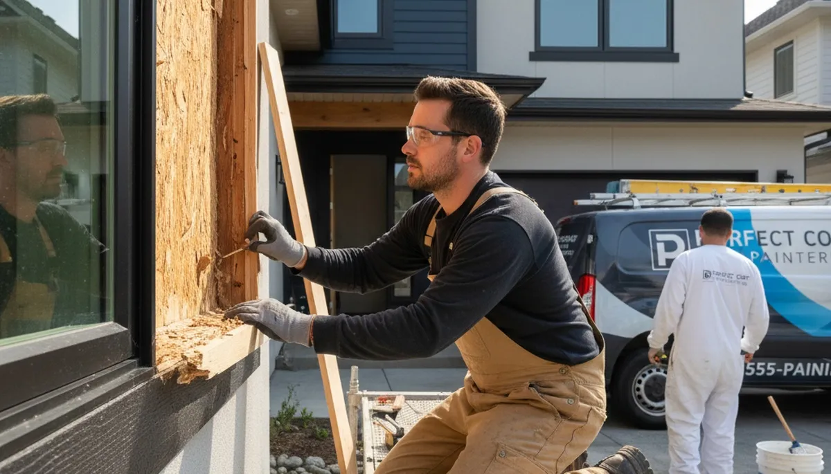 Wood rot repair on Kansas City KS home exterior by professional house painters and restoration experts